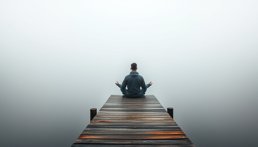 Person meditating on dock over foggy lake for mental health improvement.