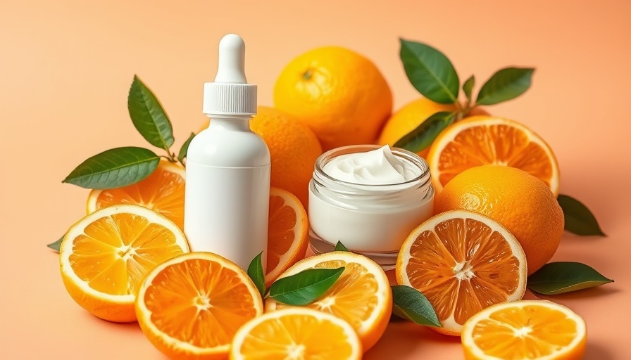 Hydrating Vitamin C Skin Care products with citrus slices on peach background.