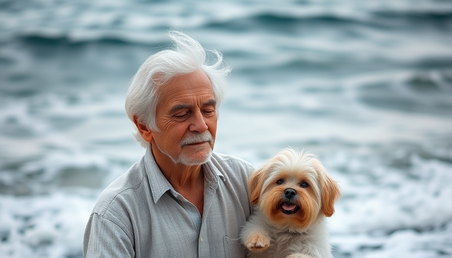 Elderly man meditating by the ocean with fluffy dog, gratitude practice.