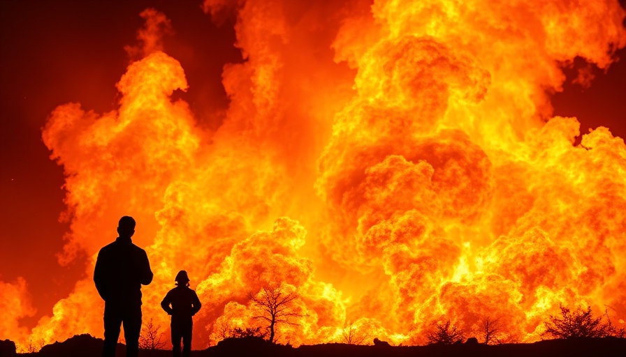 Silhouetted figures against massive fire, intense scene.
