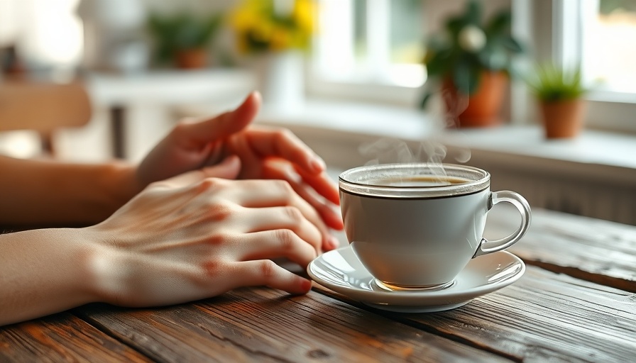 Hands resting next to tea cup, symbolizing contentment in mental health