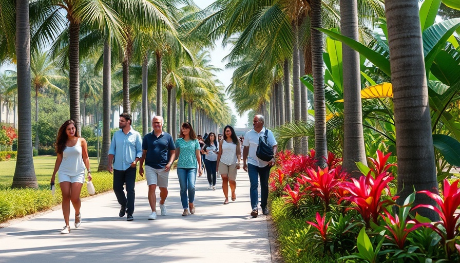 People walking 2 miles a day on a scenic palm-lined path