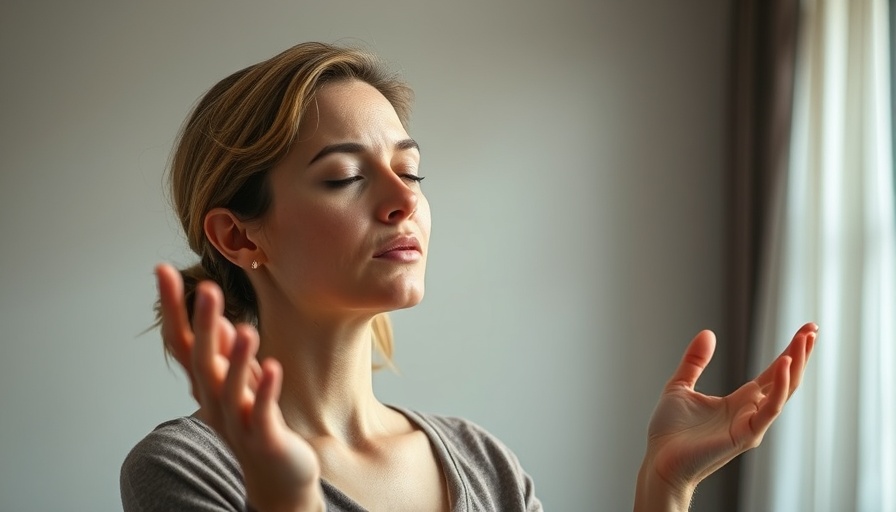 Calm woman demonstrating deep breathing for anxiety reduction indoors.