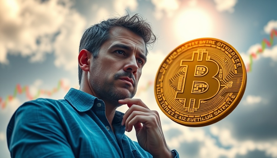 Buy Bitcoin Now concept with man pondering and Bitcoin chart.