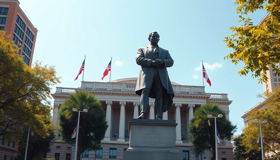 Government building with statue, Russia visa guidance.
