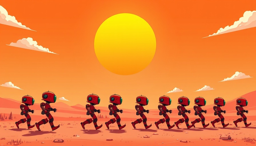 Stylized robots in a minimalist landscape representing AI bot traffic.
