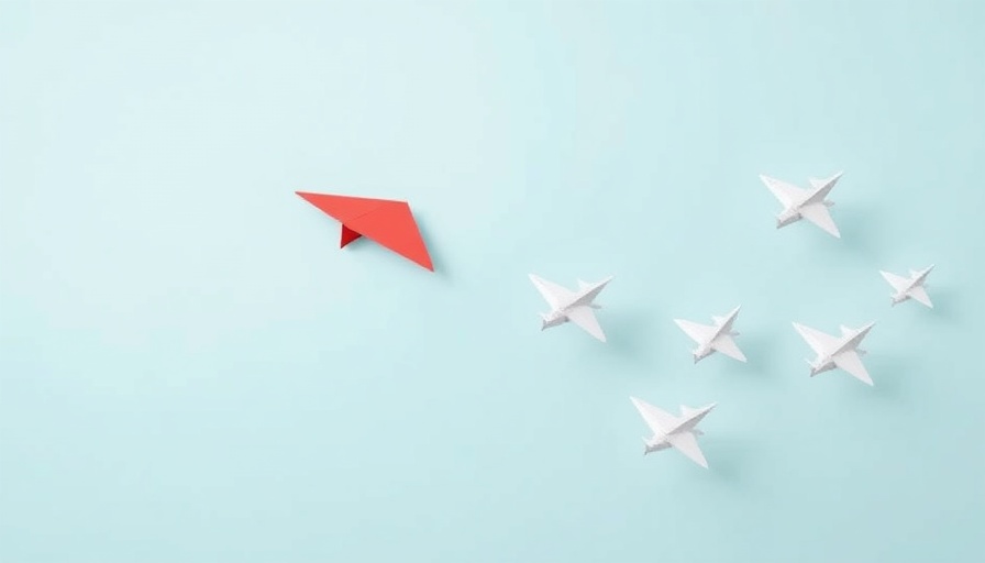 Red paper airplane leading white airplanes, symbolizing leadership in programmatic advertising.