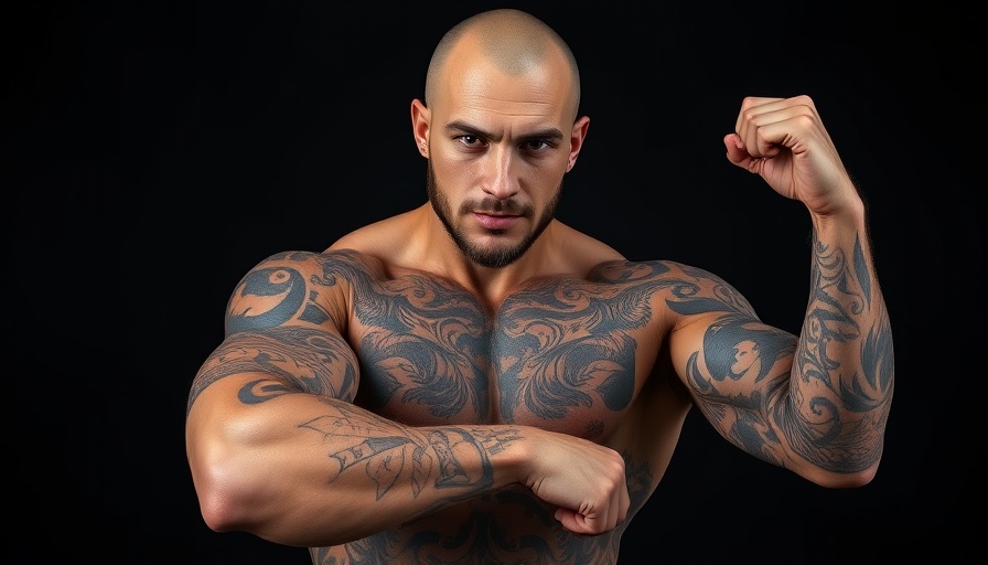 Tattooed man with detailed arm and chest tattoos showing confidence.