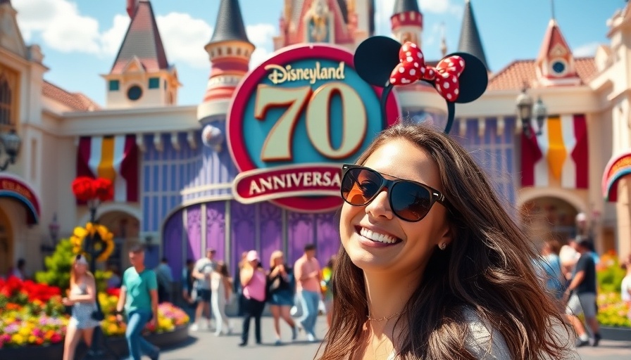 Disneyland 70th anniversary sign with joyful visitor celebrating.