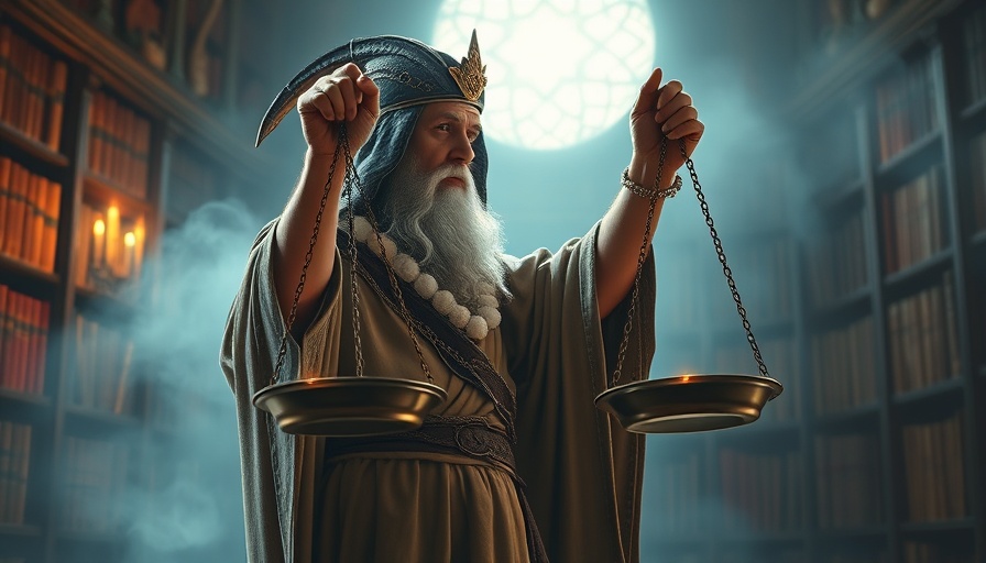 Mystical scales balancing light and darkness, representing truth and untruth.