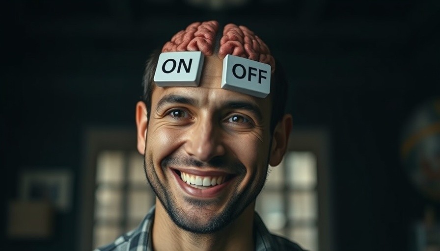 Conceptual image of OCD control with brain switches and a smiling man.