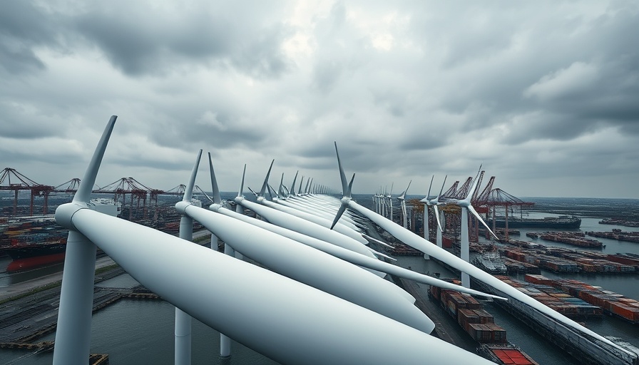 Trump Impact on Supply Chains: Wind turbine blades at industrial port.