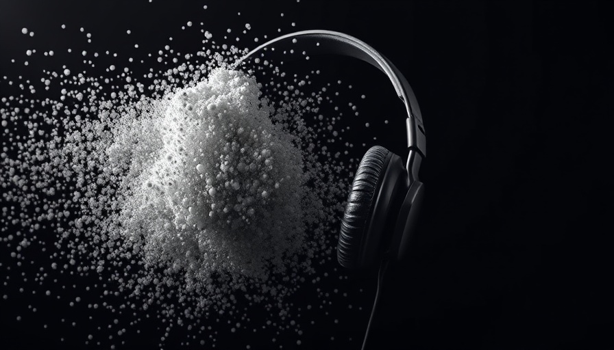 Abstract headphones dissolving into particles, illustrating sound dispersion.