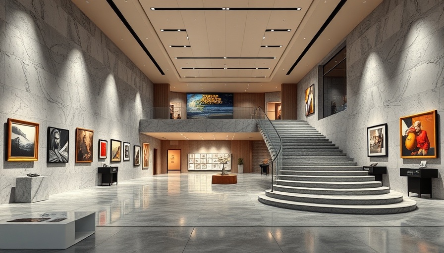 Modern exhibition space with grand staircase and contemporary art display.