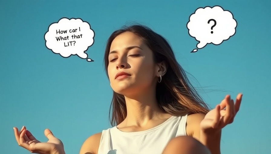 Young woman meditating outdoors with thought bubbles, Micro-Moments Mindfulness.