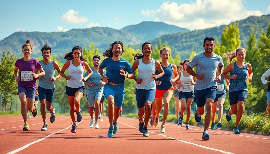 Group of runners jogging on track in sunny outdoor setting, showcasing average mile time for runners.