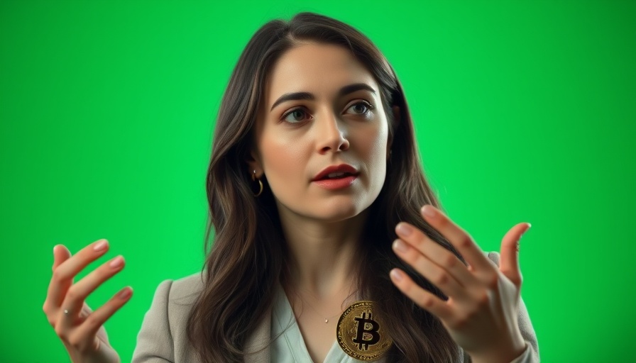 Confident woman discussing Bitcoin, green background.