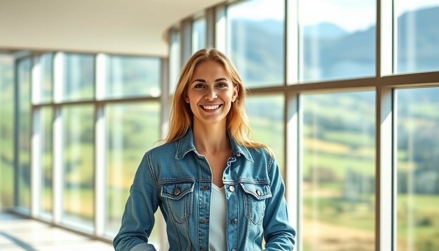 Woman in denim jacket with scenic mountain view, Eosinophilic Esophagitis Family Wellness theme.