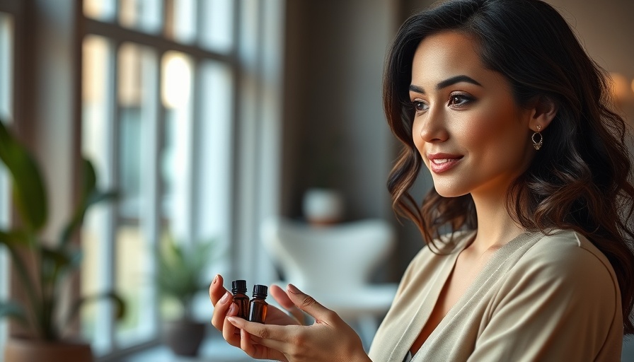 Calm woman discussing essential oils for anxiety indoors.