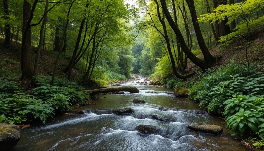 Serene forest stream illustrating lessons from nature for mental health recovery.