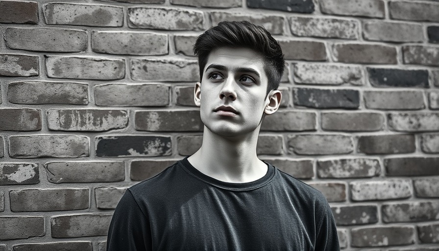 AI tools for entrepreneurship: Pensive young man against brick wall, monochrome.