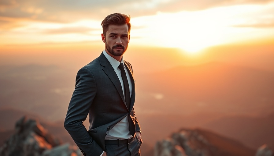 Entrepreneurship and overcoming failure: businessman on mountain peak