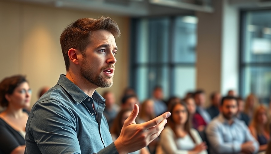 Speaker gesturing during presentation on public speaking strategies.