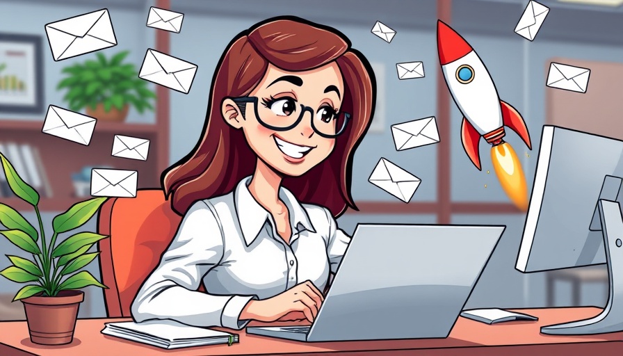 Cartoon young woman using Mailrelay Email Marketing Platform, dynamic scene with emails and rocket.