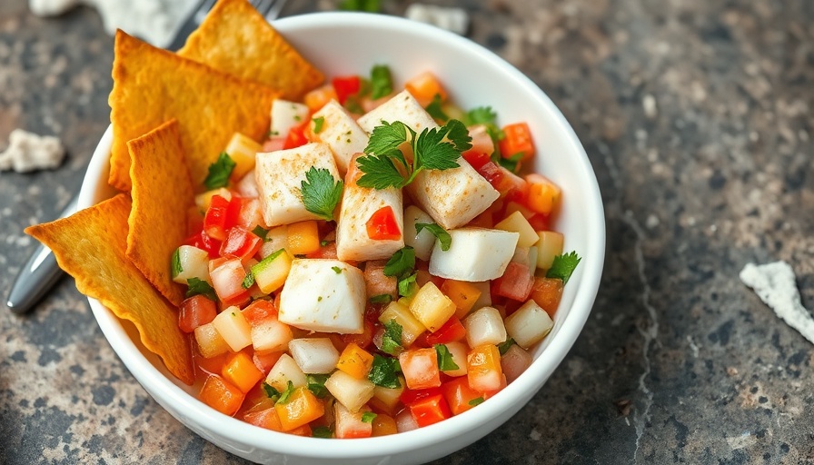 Colorful halibut ceviche with crackers in a white bowl.