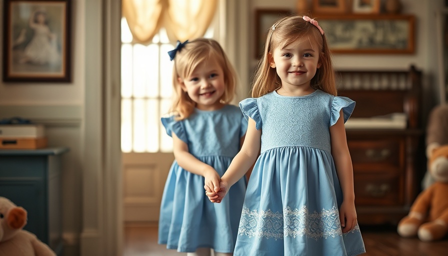 Vintage photo of young girls in blue dresses holding hands.
