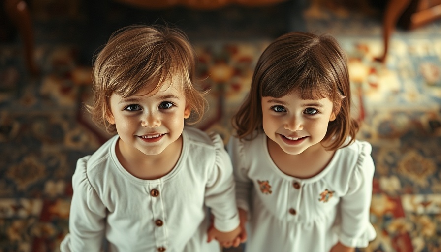 Vintage photograph of two children in blue dresses holding hands.
