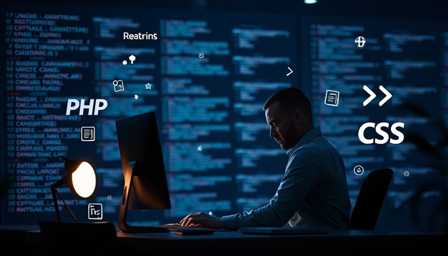 Digital illustration of business website creation with tech icons.