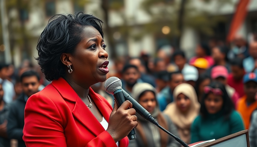 Woman in red blazer addressing crowd at public event.