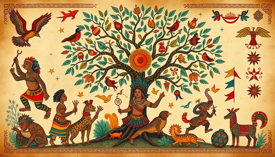 Mesoamerican-inspired art illustrating color significance with a vibrant tree of life.
