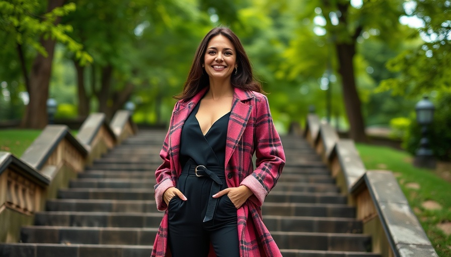 Stylish woman in a jumpsuit and coat on park steps, showcasing sustainable fashion trends for jumpsuits.