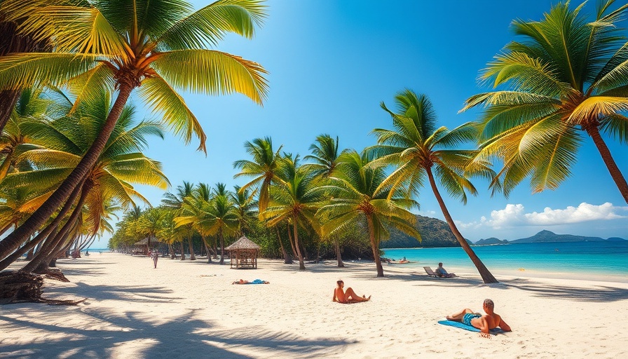 Tropical beach vacation scene with clear blue water.
