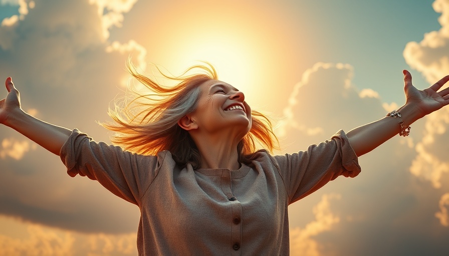 Older woman embracing the sun, symbolizing personal freedom and joy.