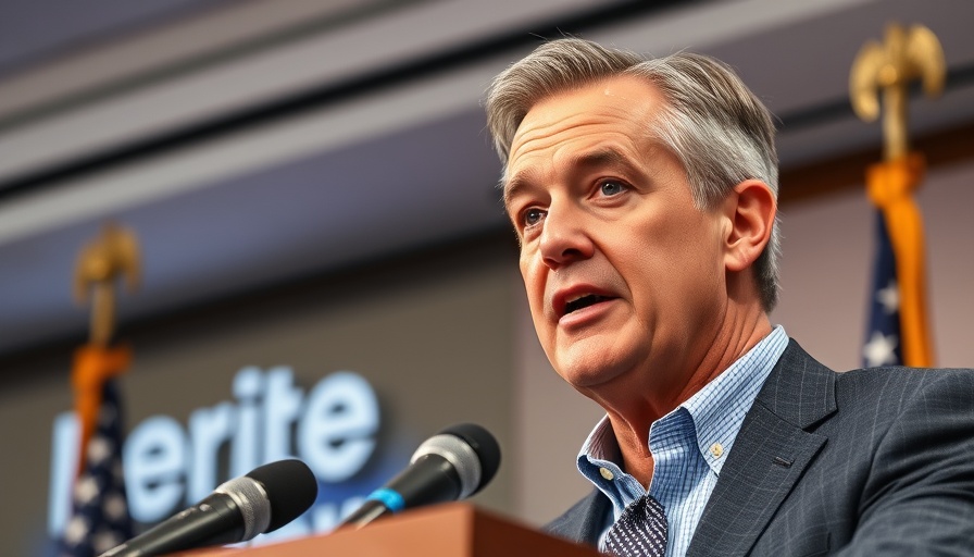 Mature man speaking at podium, conference setting with flags.