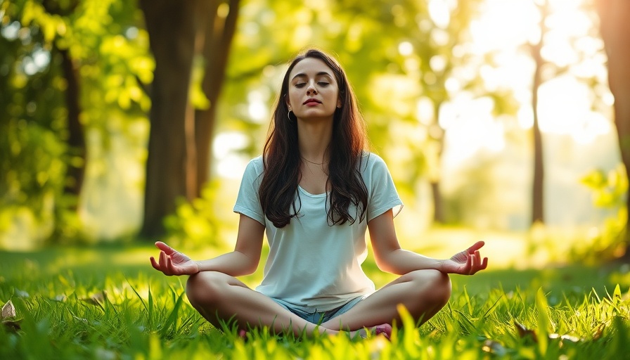 Mindful meditation in nature influencing mental health, serene setting.