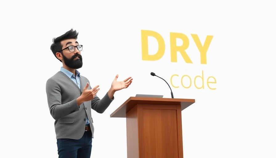 Speaker discussing DRY code principles at podium, animated expression.