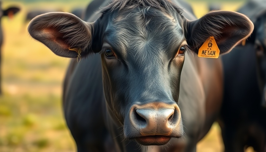 Black cow with ear tag standing in herd, rural setting.