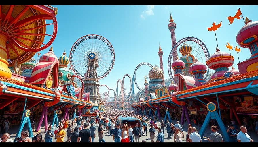 Epic Universe Theme Park with vibrant attractions and lively crowd.