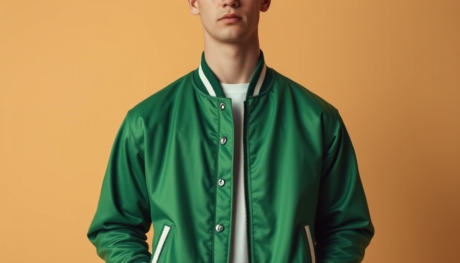 Young man in sustainable fashion featuring a green varsity jacket.