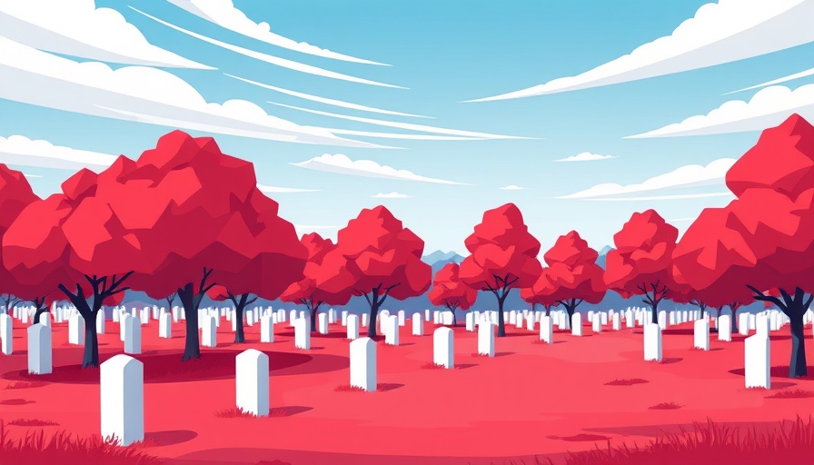 Stylized landscape with red trees and gravestones representing future of PPC advertising.