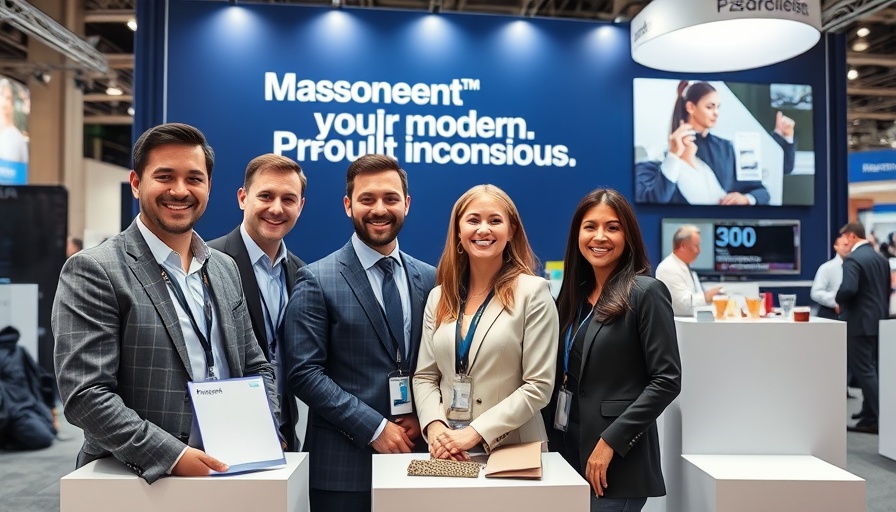 Business professionals at a trade show, discussing digital marketing trends 2025.
