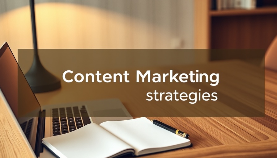 Minimalist workspace with content marketing text overlay.