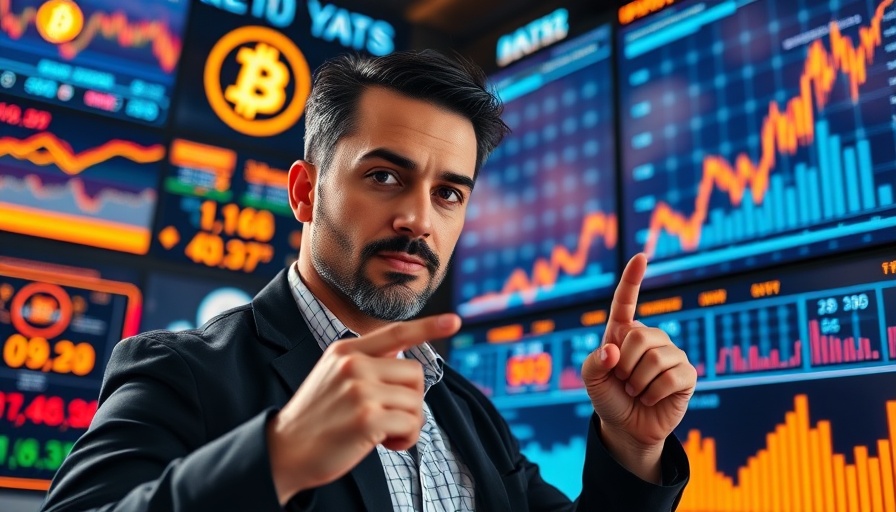Confident person indicating rising Bitcoin prices on digital screens.