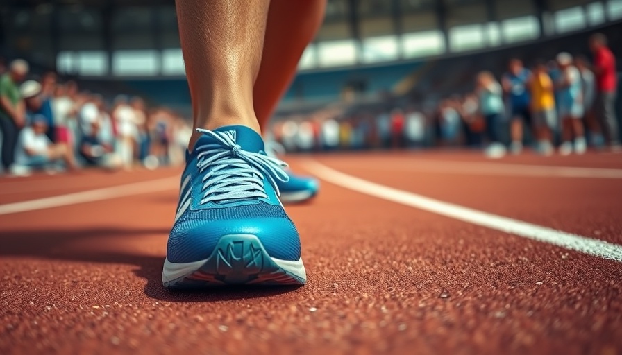 Close-up of blue track shoe at starting line, symbolizing mindfulness in transitions.