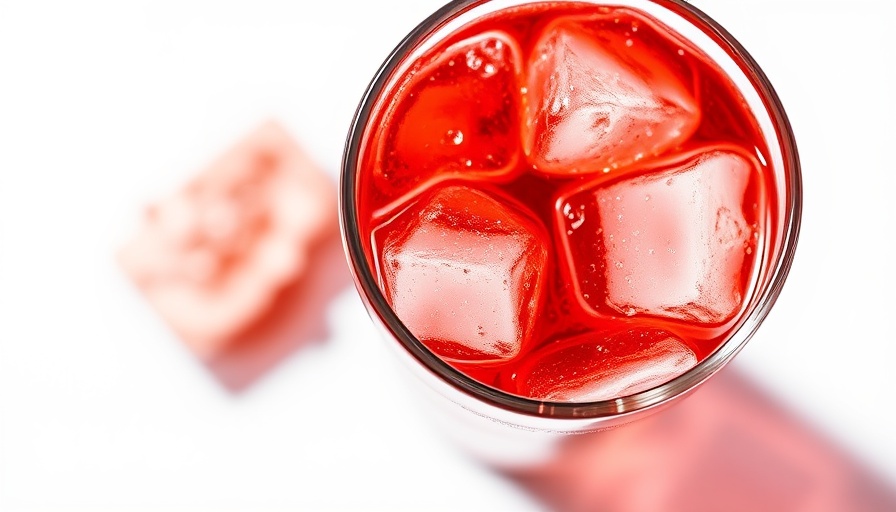 Chilled red beverage with ice cubes, highlighting energy drink ingredient cancer risk concerns.