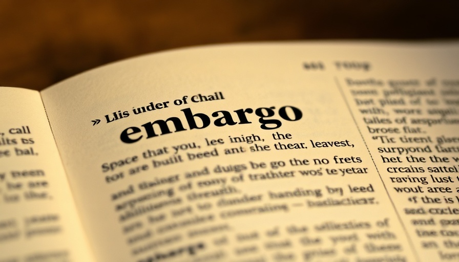 Detailed image of the word 'embargo' in a dictionary, typographic focus.